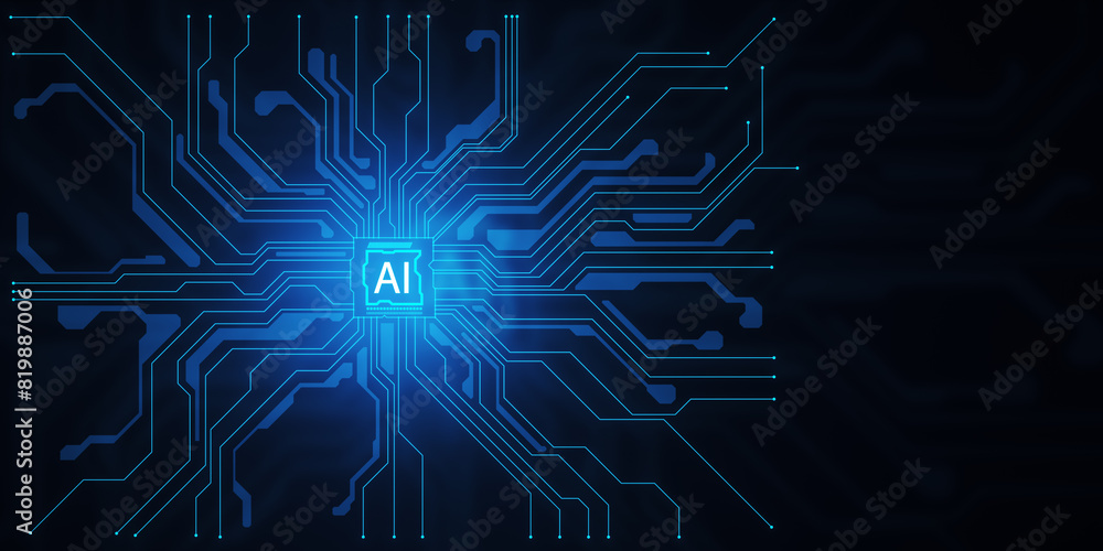 Poster A digital image of a circuit board pattern with an AI chip at the center, on a dark blue background, symbolizing technology and artificial intelligence. 3D Rendering