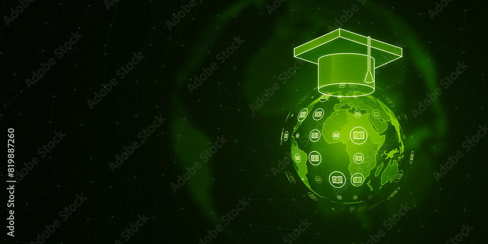 Poster a digital illustration of a graduation cap on a globe with educational icons, in a wireframe style o