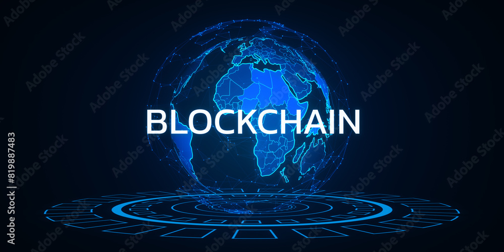 Poster A digital illustration of a globe with blockchain network concept, in blue tones on dark background, creative technology theme. 3D Rendering