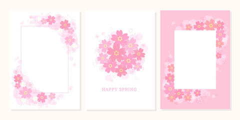 桜の花のイラストで装飾されたデザイン用のテンプレート。3点セット。春のデザイン素材。	