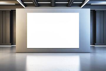 Blank white poster on a wall in a gallery interior, realistic style, on concrete and dark panel background, concept of art exhibition. 3D Rendering