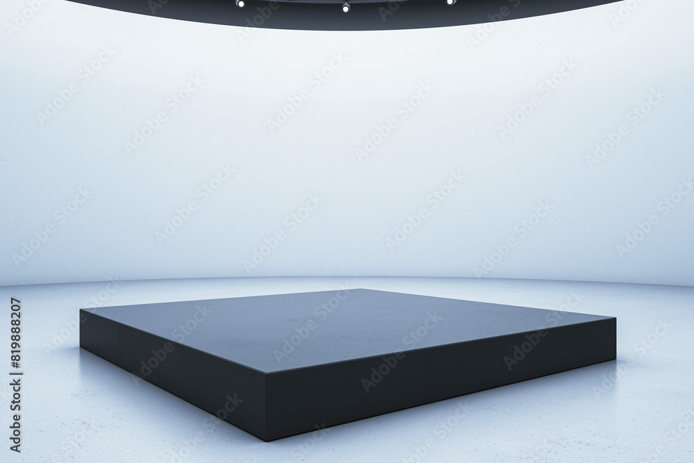 Aufkleber an empty black pedestal on a white studio background for product presentation, modern design concept