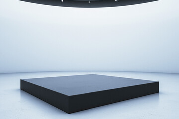 An empty black pedestal on a white studio background for product presentation, modern design concept. 3D Rendering