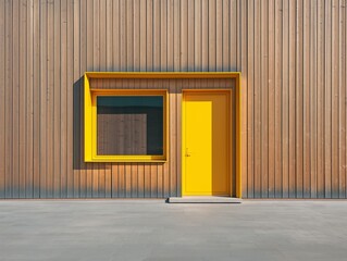 A yellow door with a window in front of a wooden building