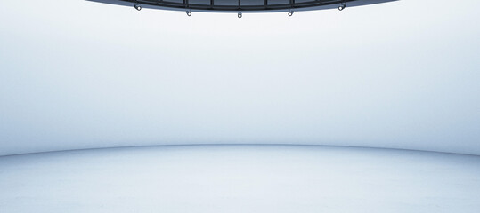 An empty modern exhibition space with a pedestal and overhead lighting on a plain background, concept of presentation. 3D Rendering