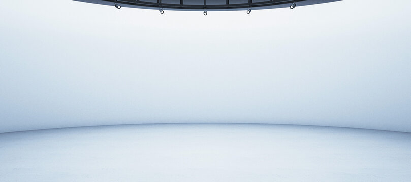 An empty modern exhibition space with a pedestal and overhead lighting on a plain background, concept of presentation. 3D Rendering