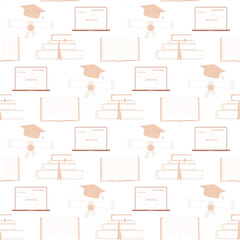 Education seamless pattern. Graduation caps, laptop, books endless background. Learning diploma repeat cover. Master's or Bachelor's degree. Vector hand drawn flat illustration.