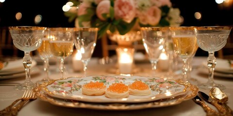 Table set with gourmet food, wine glasses, and luxurious caviar spread