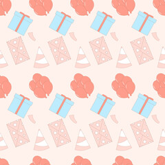 Birthday hat, balloons seamless pattern. Anniversary celebration endless background. Holiday repeat cover. Gifts and presents loop ornament tile. Vector hand drawn illustration.