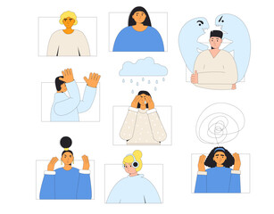 Stressed people. Young characters with bad mood. Mental disorder people. Teenage girls and boy with burnout, confusion and depression mental illness. Vector outline illustration.