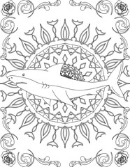Shark on Mandala Coloring Page. Printable Coloring Worksheet for Adults and Kids. Educational Resources for School and Preschool. Mandala Coloring for Adults