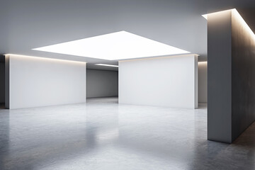 A modern gallery interior with blank white walls, skylight, and shiny floor, suitable for art exhibition conceptualization. 3D Rendering