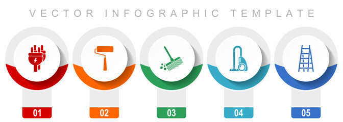 House services icon set, miscellaneous vector icons such as plug, paint roller, broom, vacuum cleaner and ladder, modern design infographic template, web buttons in 5 color options