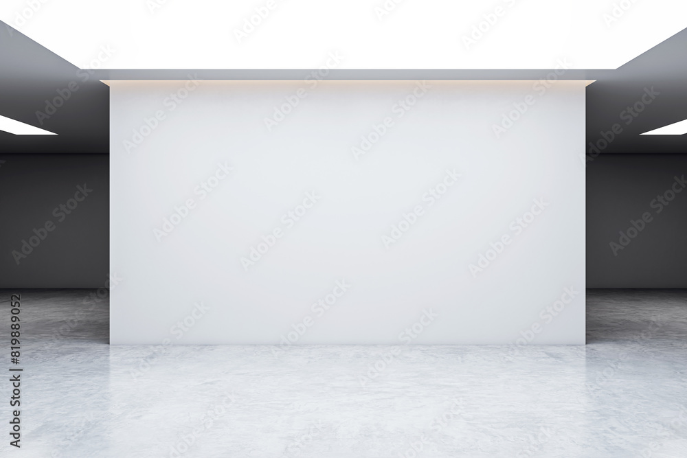 Poster an empty gallery space with a large blank white wall, marble floor, contemporary design, clear and m