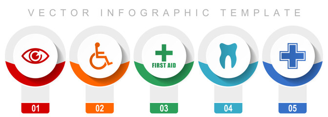 Hospital icon set, miscellaneous vector icons such as eye, wheelchair, first aid, dentist and cross, modern design infographic template, web buttons in 5 color options