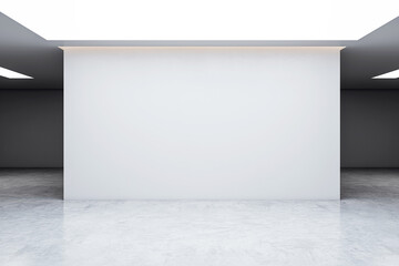 An empty gallery space with a large blank white wall, marble floor, contemporary design, clear and minimalist concept. 3D Rendering