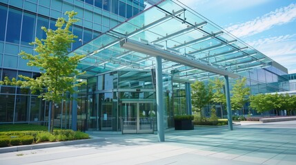 architecture entrance of a big building with glass canopy 
