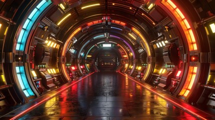 Realistic 3D render of a sci-fi spaceship interior with rainbow decorations around the edges, central area left blank for text