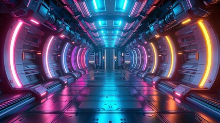 Realistic 3D render of a sci-fi spaceship interior with rainbow decorations around the edges, central area left blank for text