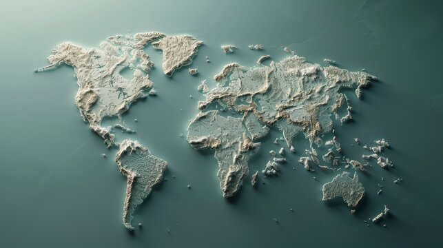 The image shows a 3D relief map of the world.