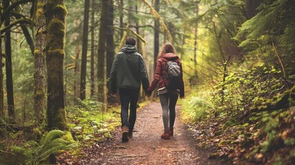 A couple hiking through a serene forest path, holding hands and enjoying the peaceful surroundings.