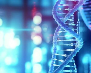 DNA helix in hightech lab, genetic science, selective focus, theme of discovery, dynamic, Composite, backdrop of modern laboratory