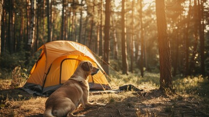 A dog resting outside a tent, keeping watch while its owner enjoys the peaceful forest surroundings.