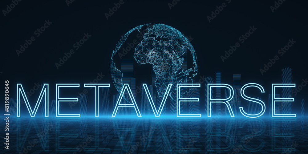 Poster Blue neon lines forming the word 'METAVERSE' and a globe on a dark grid background, representing digital technology. 3D Rendering