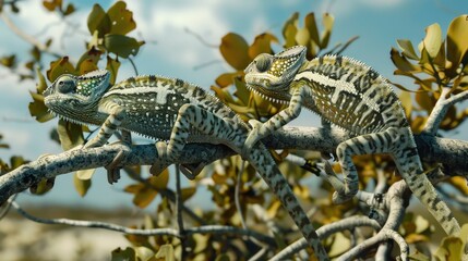 Two chameleons perched on a tree branch. Suitable for nature and wildlife themes