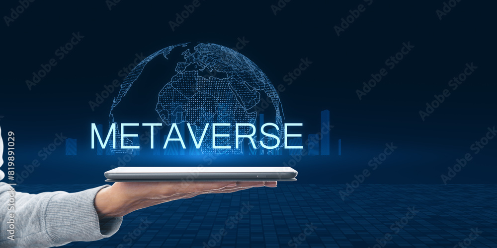 Poster a person holding a tablet displaying a holographic metaverse concept on a digital grid background, s