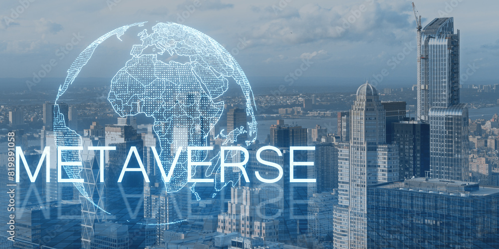 Poster digital overlay of a dotted world map and text 'metaverse' over a cityscape, illustrating the concep