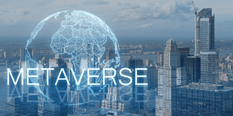 Digital overlay of a dotted world map and text 'METAVERSE' over a cityscape, illustrating the concept of a digital universe on a clear day