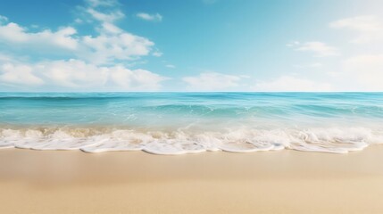 Fototapeta premium Golden sands and turquoise waters under a clear sky, selective focus, summer relaxation, whimsical, Fusion, seaside backdrop