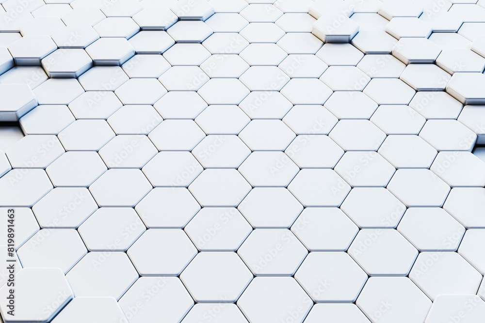 Fototapete White hexagonal pattern on a simple backdrop, representing a modern design concept. 3D Rendering