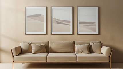 Chic contemporary space with a light tan sofa and three horizontal poster frames featuring minimalist sand dune photography, against a beige wall.