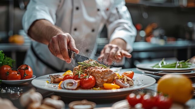 A chef preparing a gourmet meal in a stylish kitchen, illustrating the art of cooking and culinary creativity.