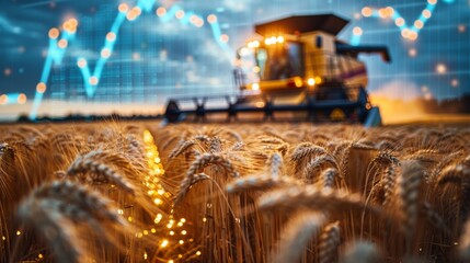 A modern combine harvester driving through a field of mature wheat. In the background is the neon curve line of a rising stock price chart.