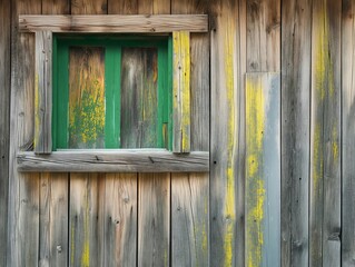A window with a green frame sits in front of a wall with yellow paint