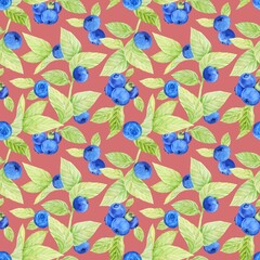 Blueberry watercolor pattern. Seamless pattern of ripe berries and intertwined leaves on a pink background. Botanical hand drawn illustration of wild bilberry for fabric, textile, wallpaper, wrapping.