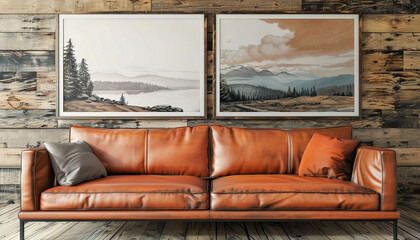 Contemporary rustic living room with a copper-toned leather sofa and two horizontal poster frames...