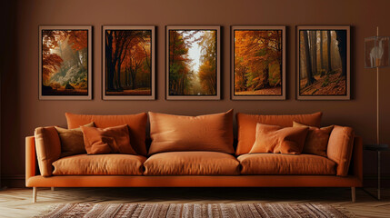 Cozy den with a burnt orange sofa and five horizontal poster frames, each with autumnal forest scenes, on a dark brown wall.
