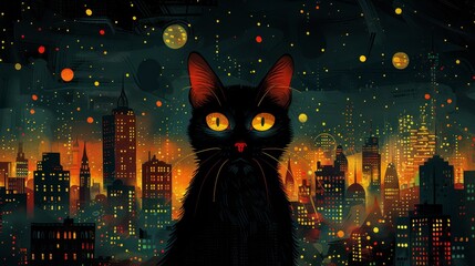 A black cat with glowing eyes in a city at night, AI