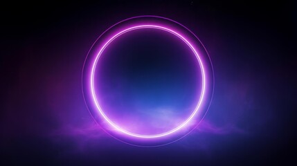 Mystical neon circle, enigmatic atmosphere, close up, focus on the glow, theme of wonder, vibrant, blend mode, backdrop of foggy surroundings