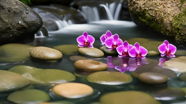 Orchids and spa stones balance on calm water, claming spa videos, calming ambient videos, relaxing videos, seamless looping 4k videos, youtube, stock videos, asmr videos, calming nature videos, ai	
