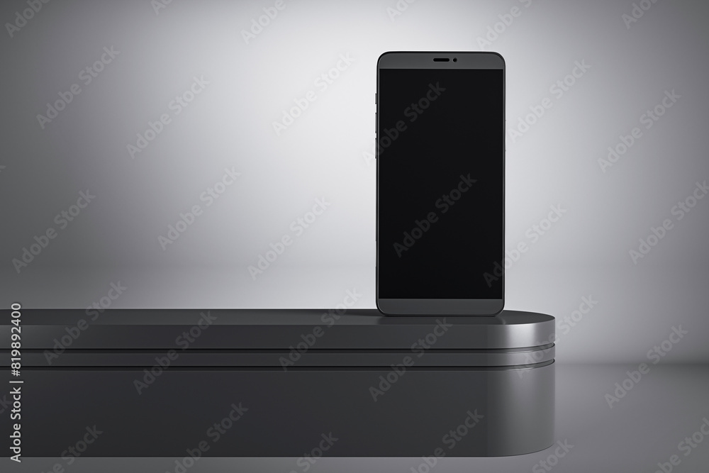 Poster a modern smartphone with a blank screen on a dark, minimalist background, concept of technology and 