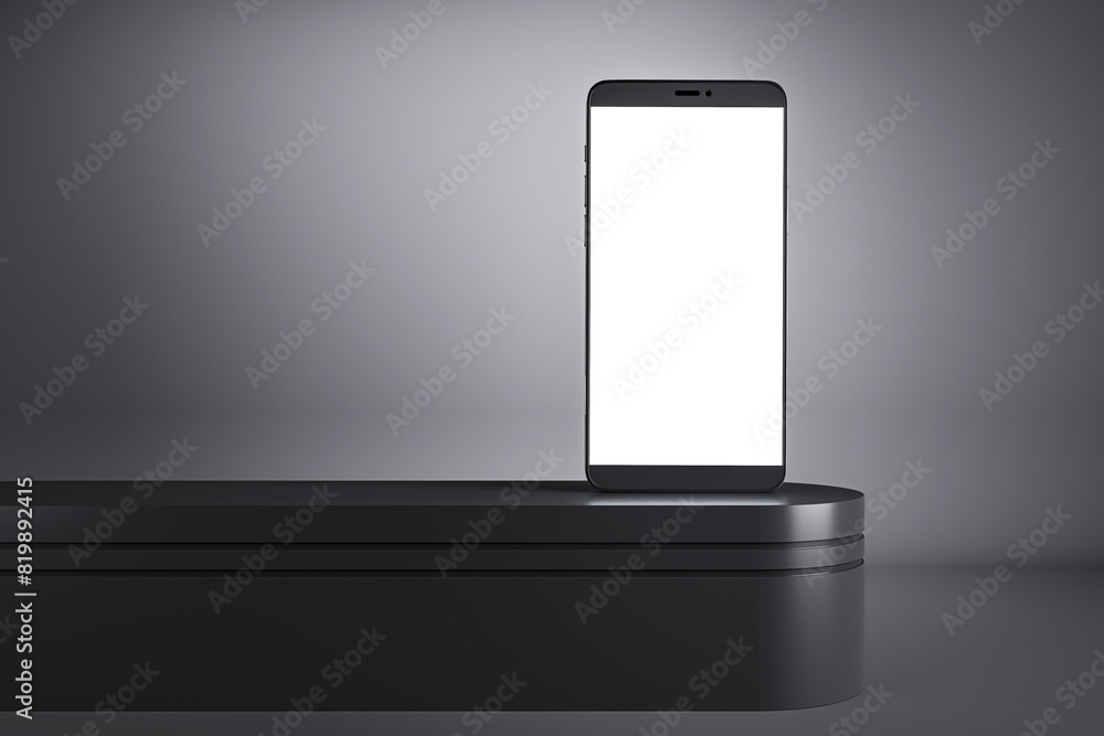Poster Smartphone with a blank screen on a dark platform, modern design, isolated on a dark background, showcasing a concept of technology. 3D Rendering