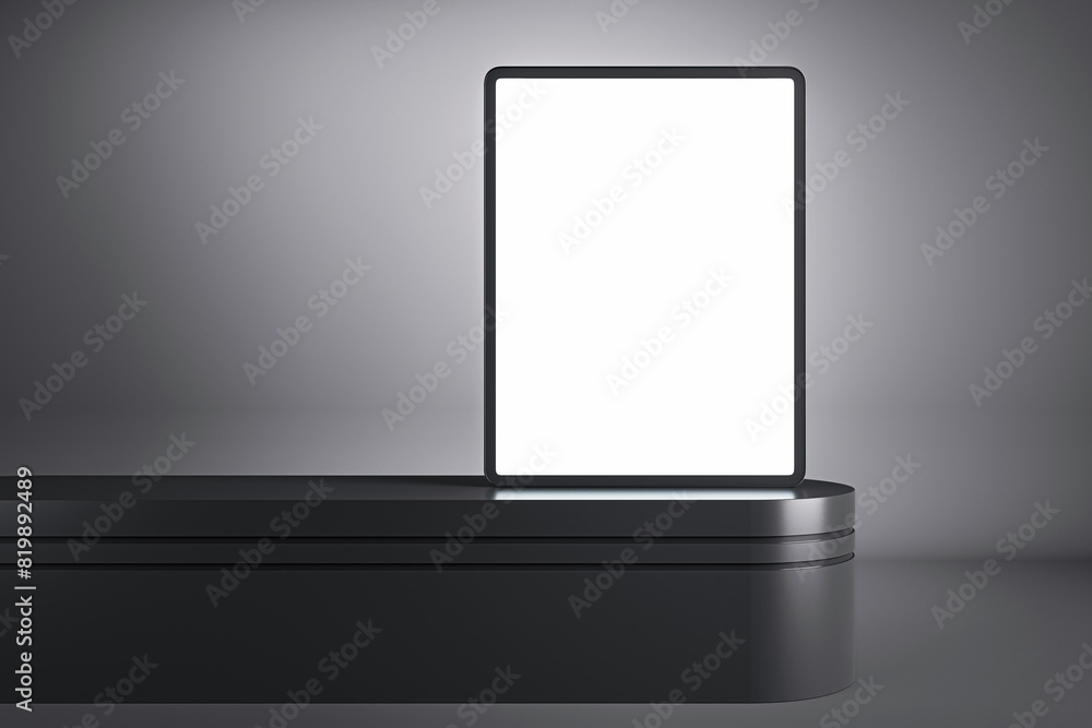 Poster Modern tablet with blank screen on a dark platform, clean design concept on a gray background, digital mockup. 3D Rendering