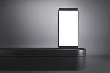 Smartphone with a blank screen on a dark platform, modern design, isolated on a dark background, showcasing a concept of technology. 3D Rendering
