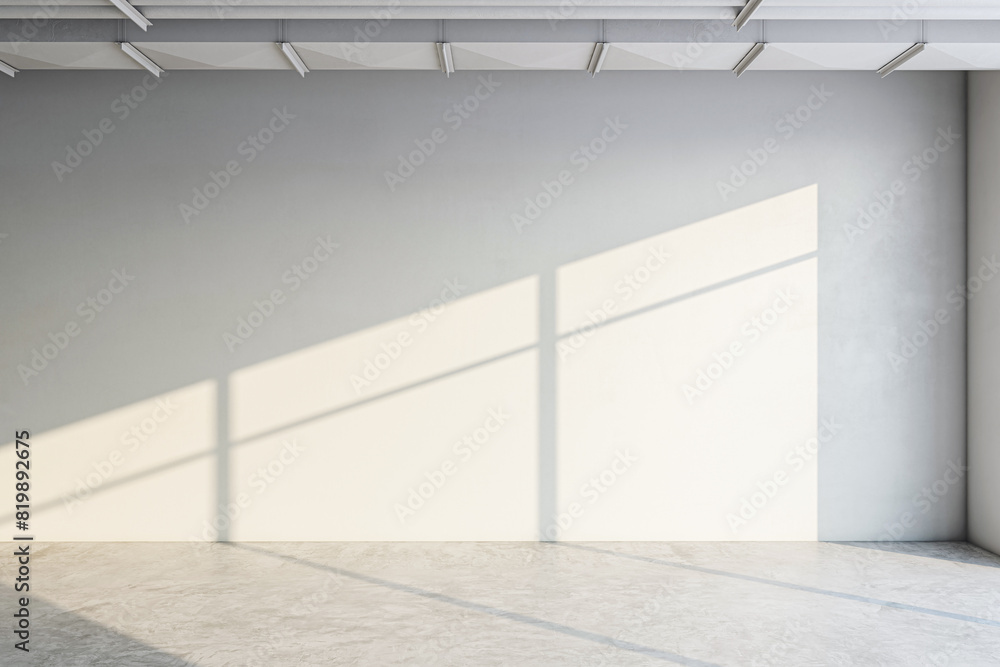 Poster Modern interior design with empty wall and sunlit window shadow, ideal for mockup or gallery concept on a light background. 3D Rendering