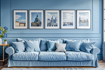 Elegant European-inspired living room with a sky blue sofa and five horizontal poster frames displaying classic European cityscapes, on a royal blue wall.